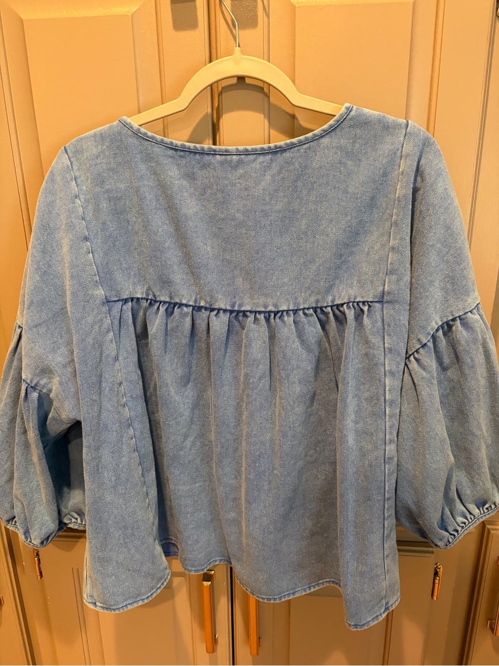 SHEIN Boheyela Light Wash Cotton Denim Peasant Blouse - Light Blue - Picture 3 of 3